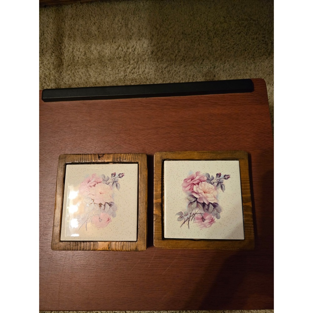 Vintage Floral Ceramic Tile Wood Framed Coasters Set of 2 Pink Roses Cottagecore
